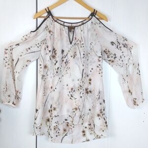 WHBM|Cream Neutral Floral Chiffon Semi Sheer Top Feminine Sz.M